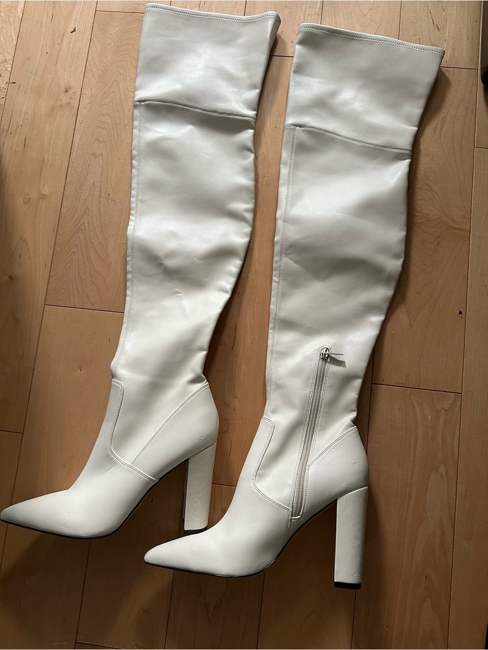 Women's White Over-the-Knee Pointed-Toe Block Heel Boots